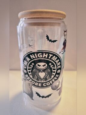 🪻3/$25 Nightmare Before 16oz Glass Tumbler Custom Made To Order  Lid Straw